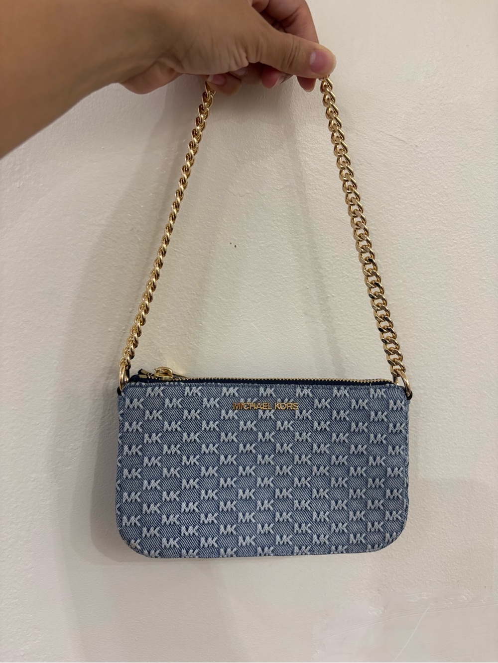 Michael Kors Blue Logo Mini Chain Wristlet with Gold Hardware